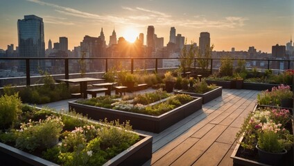 Fototapeta premium City Rooftop Garden in Spring - Blooming PlantsSkyline Views