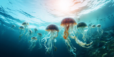 Floating Jellyfish in the Deep Blue Ocean