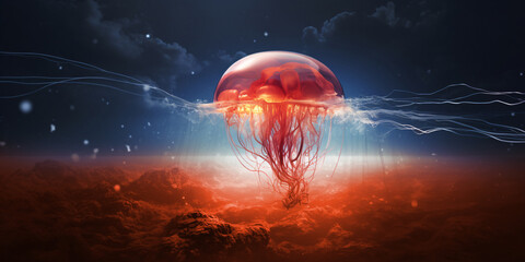 Floating red Jellyfish in the Deep hot warm Blue Ocean climate change effect
