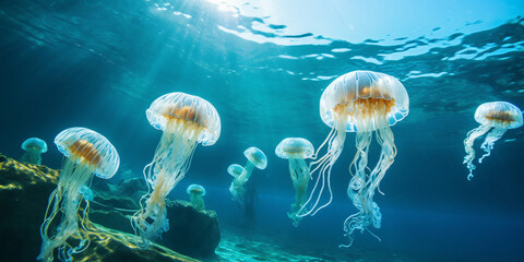 Jellyfish float gracefully in the sea and aquarium, their transparent bodies shimmering in the blue water, showcasing the beauty of marine life