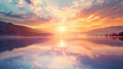 Breathtaking sunrise over a tranquil lake with colorful clouds reflected in the water, creating a serene and peaceful landscape.