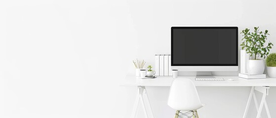 A minimalist workspace with a white desk, a desktop computer, and a single decorative item