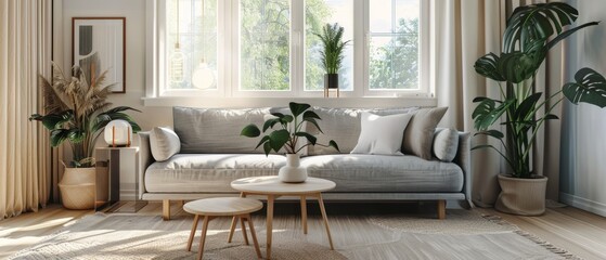 2005 31 A minimalist living room with a grey sofa, a coffee table, and a large window with natural light