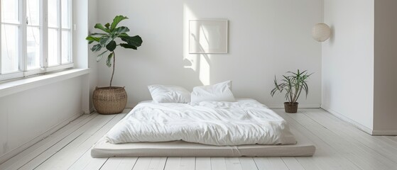 A simple, minimalist bedroom with a low bed, white bedding, and a single piece of wall art