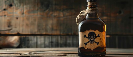 Vintage poison bottle with skull and crossbones label on rustic wooden background, conveying danger...