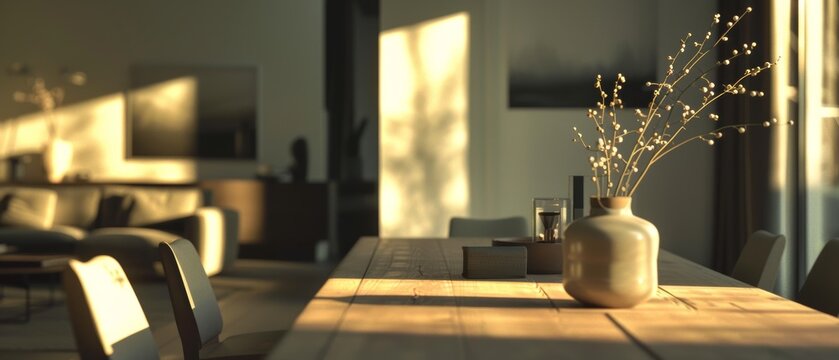 2005 33 A modern, minimalist dining area with a long wooden table, simple chairs, and a single vase