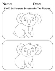 Koala Puzzle. Printable Activity Page for Kids. Educational Resources for School for Kids. Kids Activity Worksheet. Find Differences Between 2 Shapes