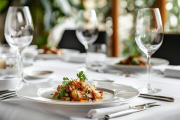 Elegant restaurant table setting with a gourmet dish, wine glasses, and silverware creating a sophisticated dining experience.