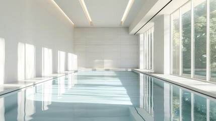 Fototapeta premium Modern indoor pool with large windows allowing natural light to fill the space. Clean, serene, and minimalist design for relaxation and exercise.