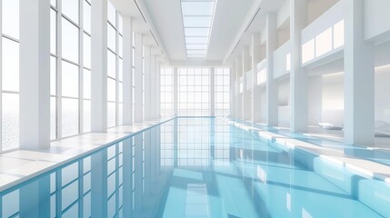 Fototapeta premium Modern indoor swimming pool with large windows, natural light, and white walls creating an airy and spacious atmosphere.