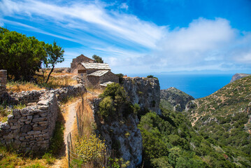 Kithira Kastro of Milopotamos Kato Chora Ionian islands, Greece. Old stonewall Venetian castle, abandoned building, monument at Kythera. 