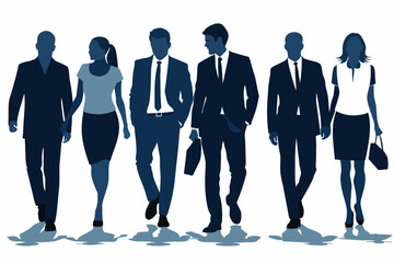 Vector silhouettes of men and a women, a group of standing and walking business people