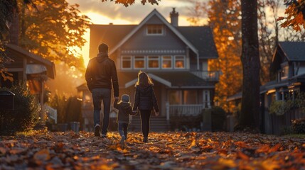 Family stroll through an autumn neighborhood under a canopy of golden leaves, capturing a moment of serene suburban life