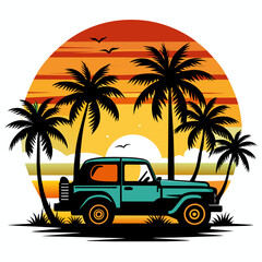 Vibes t-shirt design, black silhouette illustration vintage retro sunset with palm trees and jeep on white background 