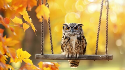 Owl in glasses, sitting on a garden swing, autumn leaves background