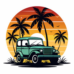 Vibes t-shirt design, black silhouette illustration vintage retro sunset with palm trees and jeep on white background 