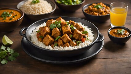 Tikka masala chicken with rice and vegetables, commercial photo for marketing use
