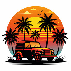 Vibes t-shirt design, black silhouette illustration vintage retro sunset with palm trees and jeep on white background 