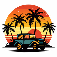 Vibes t-shirt design, black silhouette illustration vintage retro sunset with palm trees and jeep on white background 