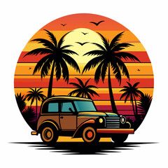 Vibes t-shirt design, black silhouette illustration vintage retro sunset with palm trees and jeep on white background 