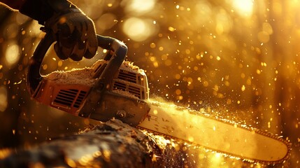 Person Using Chainsaw to Cut Wood