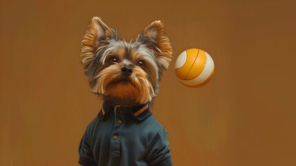 Yorkshire Terrier Playing Volleyball in a Whimsical Cartoon