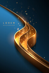 Abstract golden waved lines on blue background with sparks