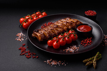 Delicious juicy grilled ribs with honey and mustard sauce