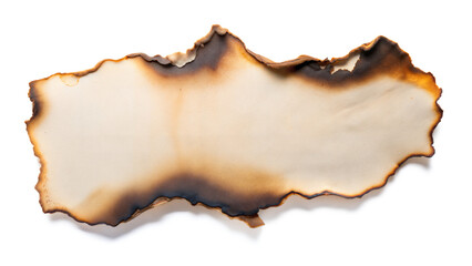 A piece of old parchment paper displaying burnt edges, isolated against a white background
