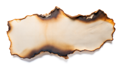 A piece of old parchment paper displaying burnt edges, isolated against a white background