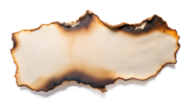 A piece of old parchment paper displaying burnt edges, isolated against a white background