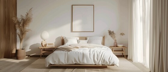 Simple bedroom with a white bed, a wooden nightstand, and a single framed artwork, minimal decor and neutral colors, peaceful ambiance