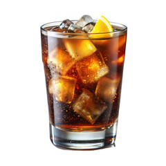A glass of iced cola with a slice of lemon, filled with ice cubes against a white background