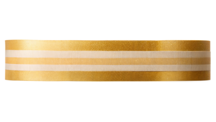A roll of golden and white striped ribbon neatly coiled and placed on a white background