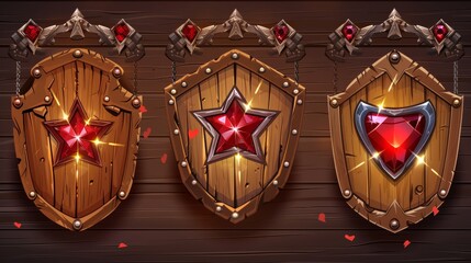 Naklejka premium Isolated military game rank shields on a black background. Modern illustration of hexagonal wooden badges in iron frames decorated with red gemstone stars and wings, winner award, success symbol.