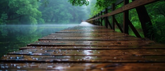 Obraz premium Walkway extending over water, wooden surface wet with rain droplets visible, lush forest with dense green foliage and trees, peaceful natural scene
