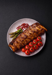 Delicious juicy grilled ribs with honey and mustard sauce