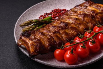 Delicious juicy grilled ribs with honey and mustard sauce