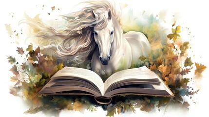 Obraz premium open book fairy tale about horse watercolor design