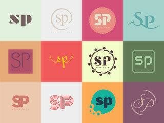 SP logo company template. Letter s and p logotype. Set different classic serif lettering and modern bold text with design elements. Initial font typography.