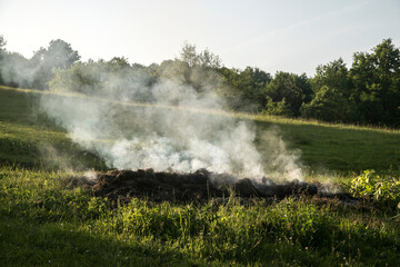 Smoke from burning grass heap on mountain farm meadow