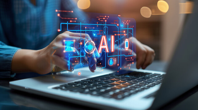 Entrepreneur uses AI artificial intelligence technology to improve their work. Online help with an AI chatbot to solve problems, solve questions and improve data. Efficient internet tools.