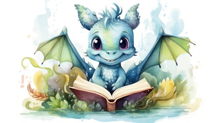 Obraz premium open book fairy tale with little dragon watercolor design
