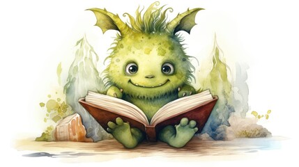 Obraz premium open book fairy tale about cute monster watercolor design