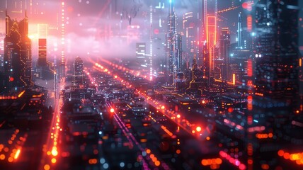 Pulse of a digital cityscape throbbing with lights and energy