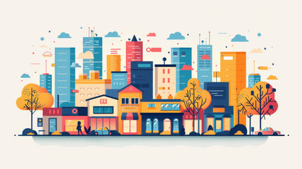 Fototapeta premium Stylized city skyline illustration with colorful buildings, trees, and urban elements against a light background.