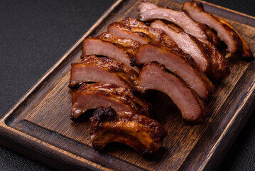 Delicious juicy grilled ribs with honey and mustard sauce