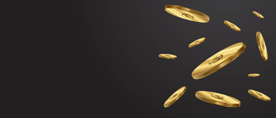 Background with gold coins. Black background, pile of money or wealth. Banking or finance. Income or profit. Realistic 3D