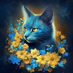 Fantasy image of cats. Picture. Pet. A fabulous cat. For printing on T-shirts, hoodies. Scrubbooking. Night. Yellow blue background. Flowers Mysticism.