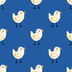 Seamless pattern with cute little chickens on blue background. Modern background. Vector illustration 